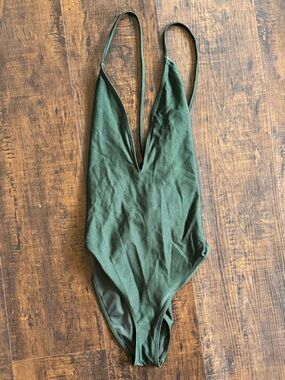 Deep V Olive Green One-Piece Swimsuit